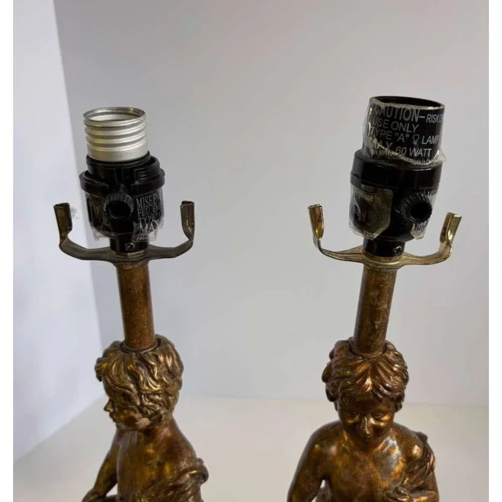 Set Of 2 MCM Neoclassical Hollywood Regency Gold Cherub Composite Lamp 17
